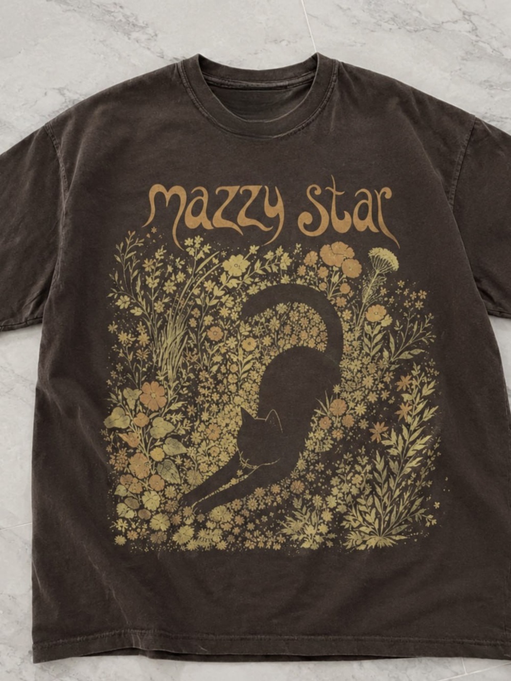 Gold Floral Cat 'Mazzy Star' Gildan Brown Tee Graphic